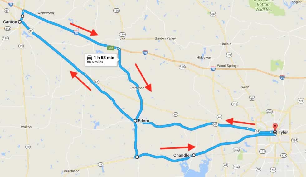 Route of the shopping road trip west from Tyler